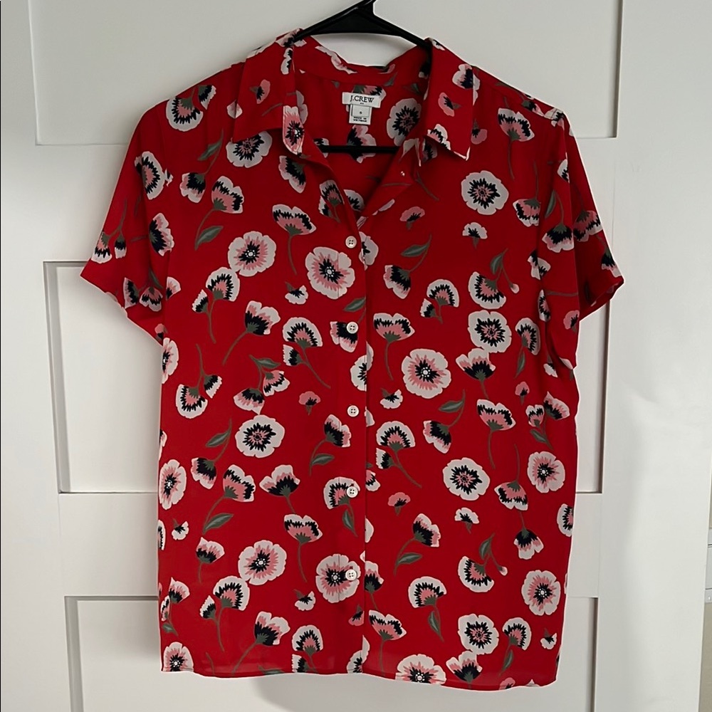 J. Crew Vibrant Red Floral button down short sleeve